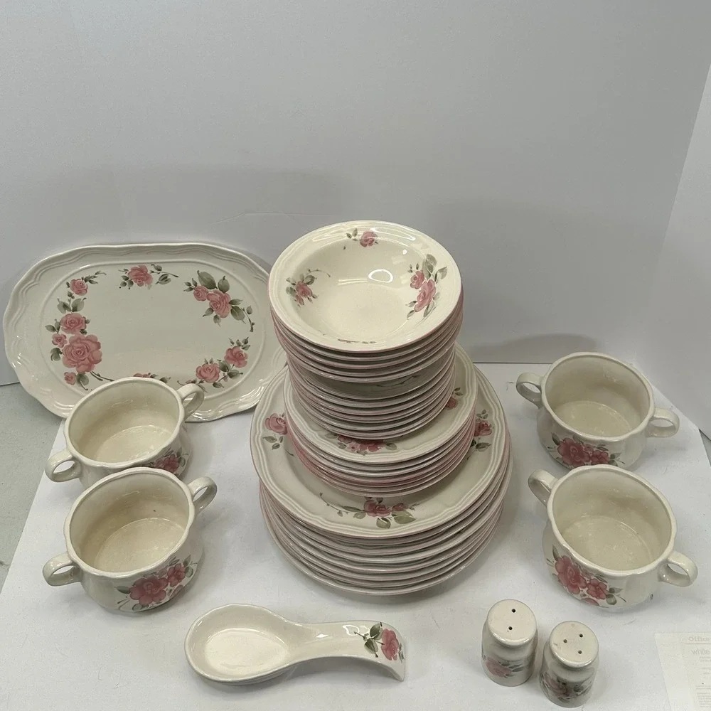 Vintage Gibson Housewares China Pink Roseland 35 Piece Cottage Core Plates Bowls